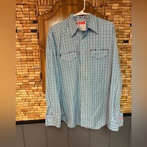 Robert Graham blue & green checked shirt with paisley print size XL